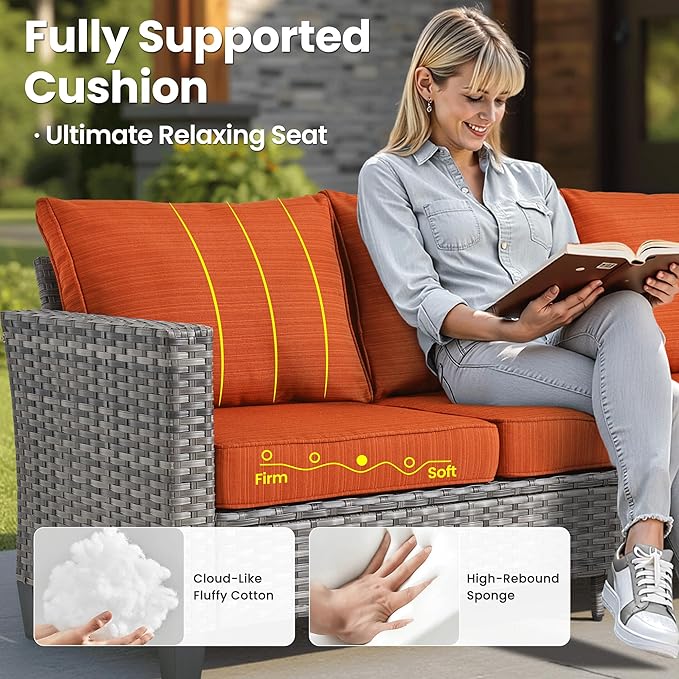 ovios 6 Pieces Patio Furniture Set with 42" Fire Pit Table, Outdoor Wicker Sofa with Comfy Cushions, All Weather High Back Rattan Couch Conversation Set, Orange Red