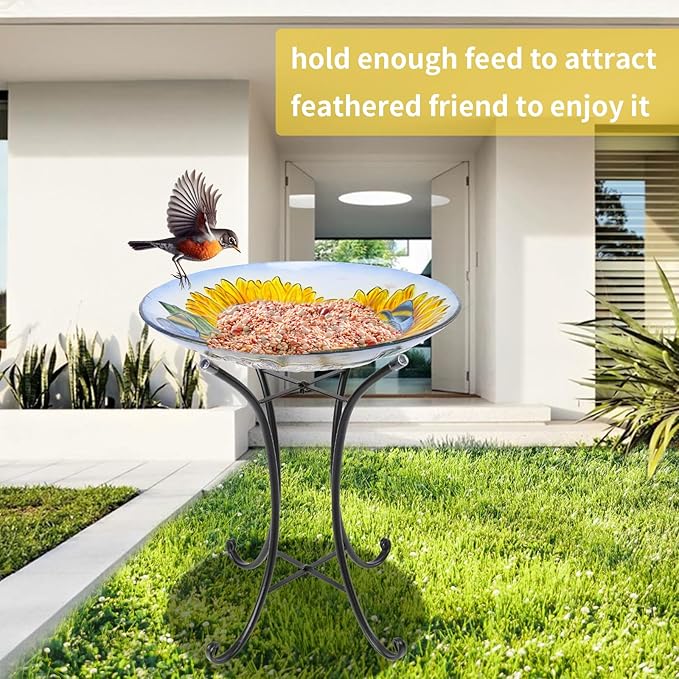 VCUTEKA Bird Baths for Outdoors, Glass Bird Bath with Metal Standing for Garden, Yards Patio Décor, Bird Lovers Gift, Sunflower Glass Birdbath Detachable (22" H * 18" W)