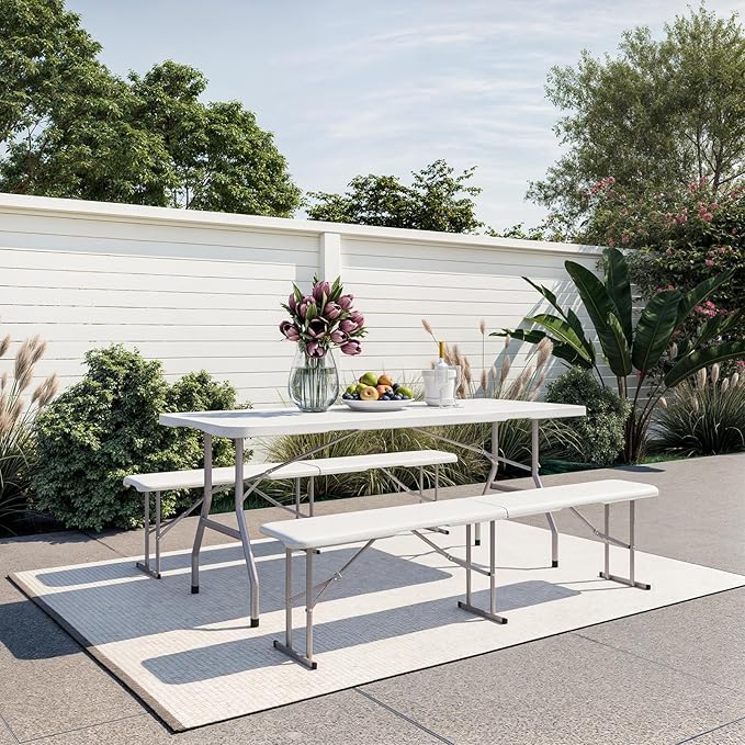 6ft HDPE Folding Bench, Foldable Seat with Sturdy Frame and Security Lock for Indoor and Outdoor, Multipurpose Entertaining Activities, Portable and Easy to Store, 2 Pack, White