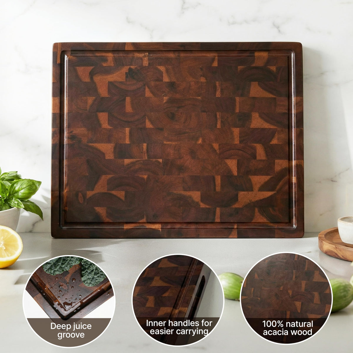 Koppen Wood End Grain Cutting Board, Knife-Friendly Butcher Block with Juice Groove, Inner Handles & Food Well, Reversible Heavy Duty Serving & Chopping Board, Walnut Color