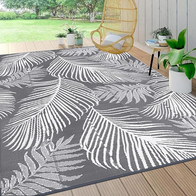 Pauwer Waterproof Outdoor Rug 9x12, Reversible Plastic Straw Patio Camping Rug, Indoor Outdoor RV Mat Carpet for Deck, Camper, Porch, Balcony, Backyard, Picnic, Leaf Grey