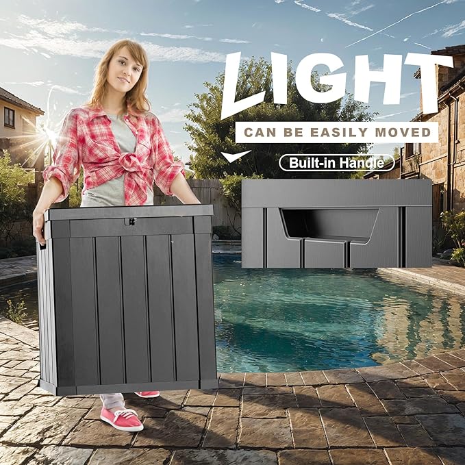 51 Gallon Resin Deck Box, Lockable Patio Outdoor Storage Box for Furniture, Garden Tools and Tools Storage, Waterproof Outside Storage Boxes - Black