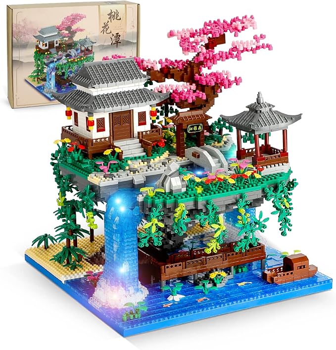 Peach Blossom Pond Micro Mini Building Blocks Set for Adults and Kids, Chinese Architecture Cherry Bonsai Gift Toys with String Lights, Japanese Flowers Tree House Micro Bricks (3320PCS)