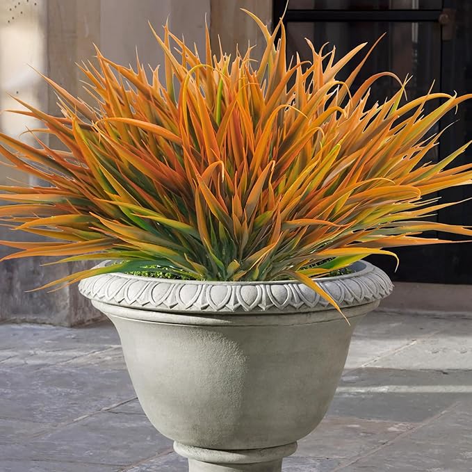 Uieke 6 Bundles Artificial Outdoor Plants UV Resistant Fake Grass Plants Faux Plastic Plants Greenery Shrubs for Home Garden Pathway Window Box Front Porch Summer Fall Decor, Autumn Orange