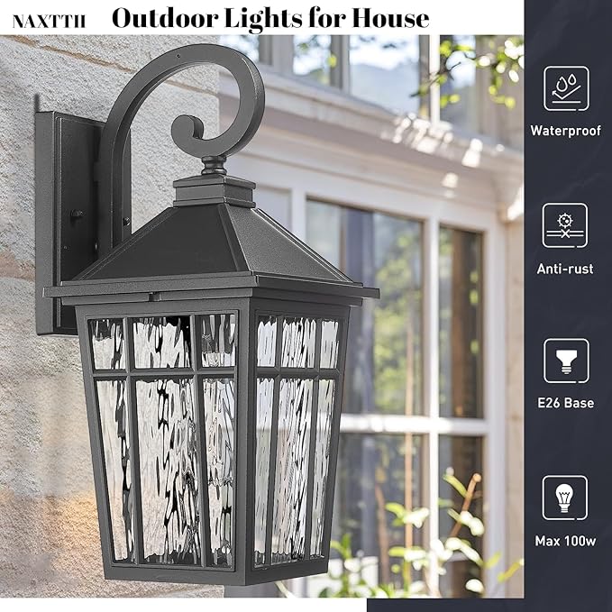 Outdoor Light Fixture 14 Inch Height Outside Wall Lights Black Finish and Water Ripple Glass Exterior Lights for House Garage Porch and Garden E26 Socket 2-Pack