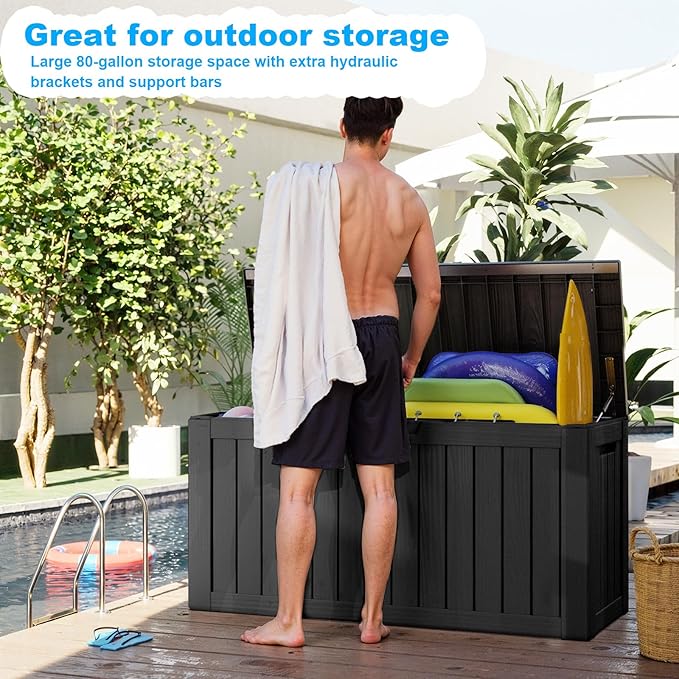 80 Gallon Waterproof Outdoor Storage Box,Resin Deck Box,Lockable Outside Storage Box Container for Patio Furniure,Garden,Tools (80 Gallon,Black)
