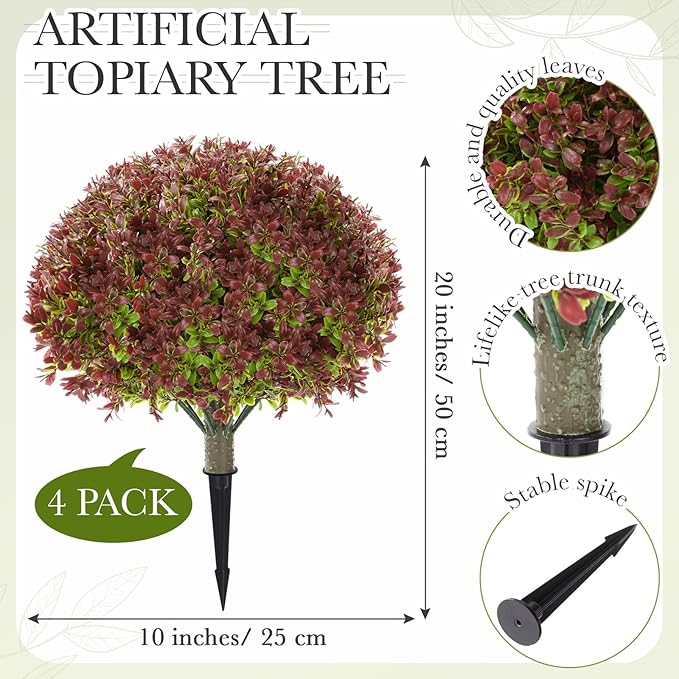 Yunlly 4 Pack 18" Artificial Boxwood Ball Bush Topiary Trees Fake Outdoor Plants, Realistic UV Resistance Faux Shrubs with Spike Greenery Topiary for Front Porch Garden Yard Patio Indoor (Dark Red)