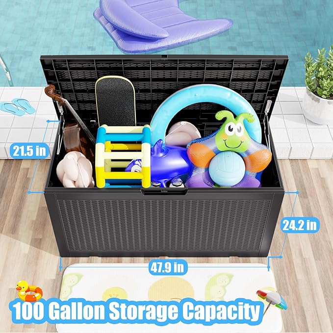 100 Gallon Waterproof Outdoor Storage Box,Resin Deck Box,Lockable Outside Storage Box Container for Patio Furniure,Garden,Tools (100 Gallon,Black)