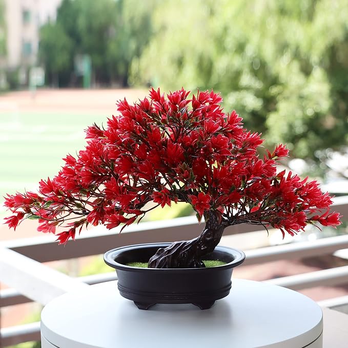 Fake Plants Plastic Artificial Bonsai Tree, Red Bonsai Tree for Home Bedroom Office Desk Farmhouse Room Decor, Tall 9.5"