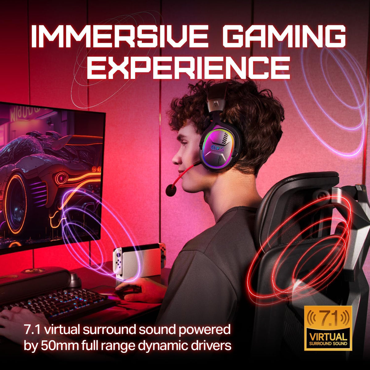 OXS Storm G2 Wireless Gaming Headsets, 7.1 Virtual Surround Sound, 3 EQ Modes, 2.4G Low Latency, 50mm Driver, 40H Playtime, RGB Light, Bluetooth 5.3, Compatible with PC, Console, Mobile, Black