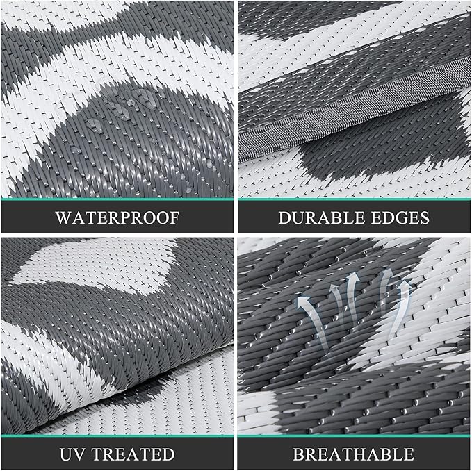 Pauwer Waterproof Outdoor Rug 8x10, Reversible Plastic Straw Patio Camping Rug, Indoor Outdoor RV Mat Carpet for Deck, Camper, Porch, Balcony, Backyard, Picnic, Geometric Grey