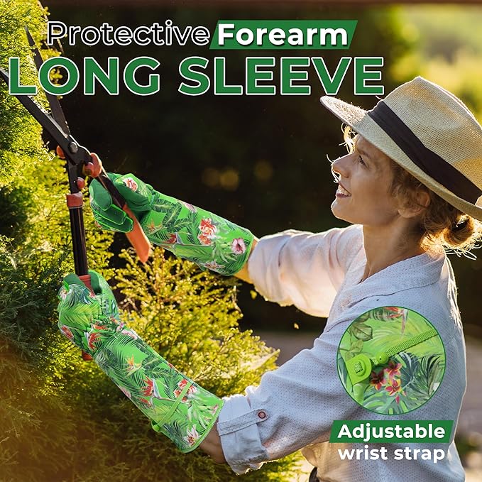 HANDLANDY Women Gardening Gloves, Thorn Proof Breathable Ladies Rose Pruning Long Gauntlet Floral Print Garden Yard Gloves, Gift for Gardeners (Green, M)