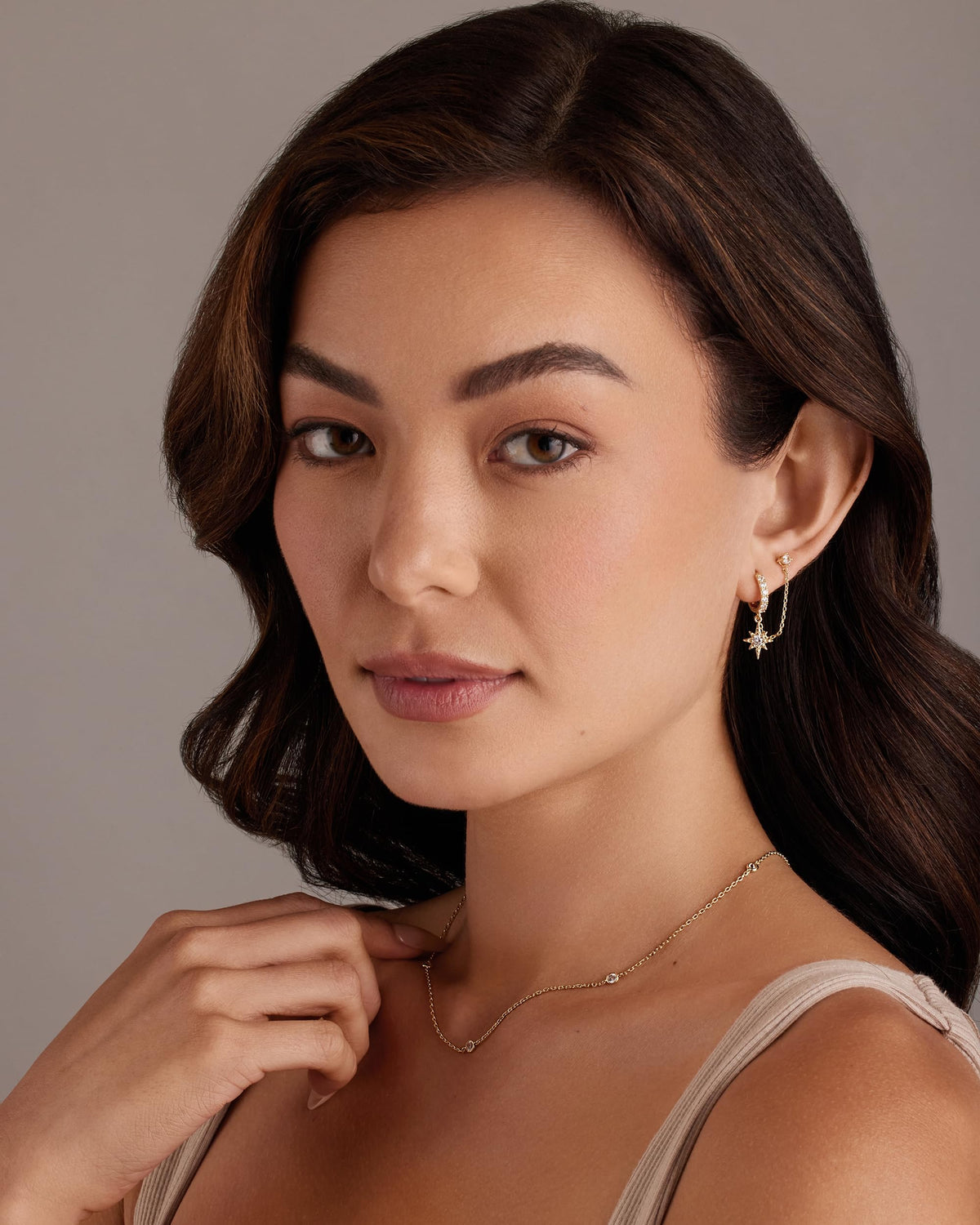 PAVOI CZ Dangle Chain Earrings Women, Star Gold Plated Double Hoop & Stud