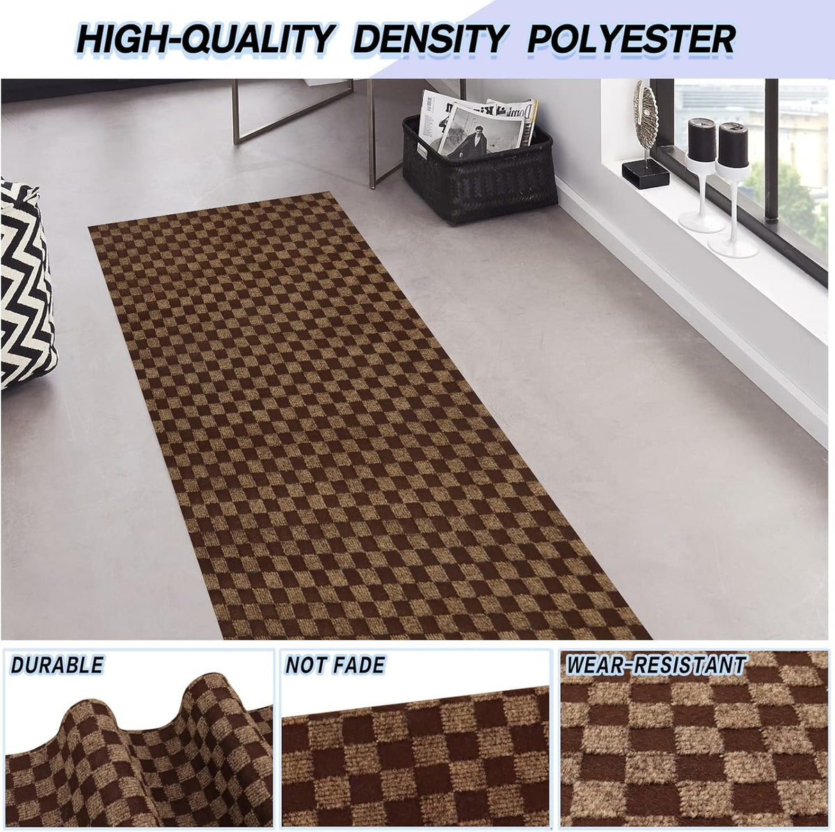Custom Size Backed Non-Slip Area Rugs Runner, Easy Clean, Waterproof Runner Rugs for Hallway Entryway, Kitchen, Laundry, 2FT x 78FT, Brown Checkered