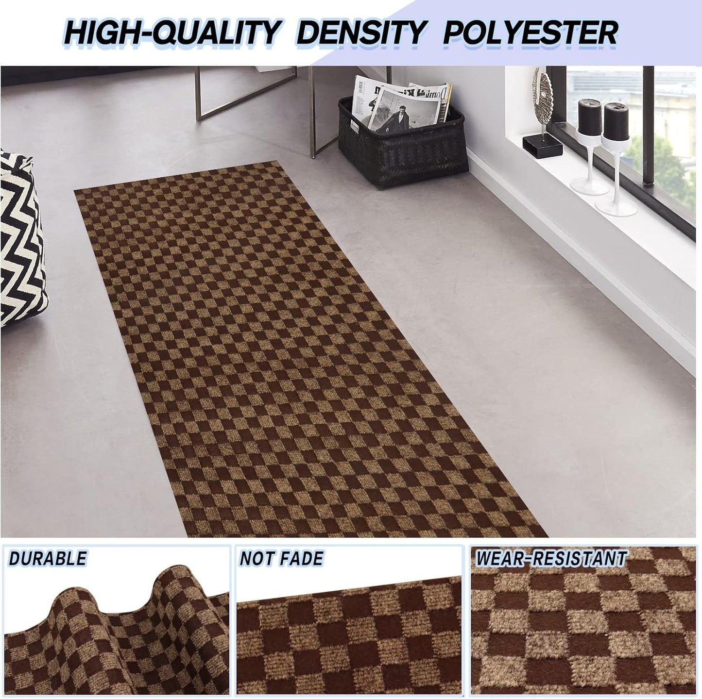 Custom Size Backed Non-Slip Area Rugs Runner, Easy Clean, Waterproof Runner Rugs for Hallway Entryway, Kitchen, Laundry, 4FT x 56FT, Brown Checkered