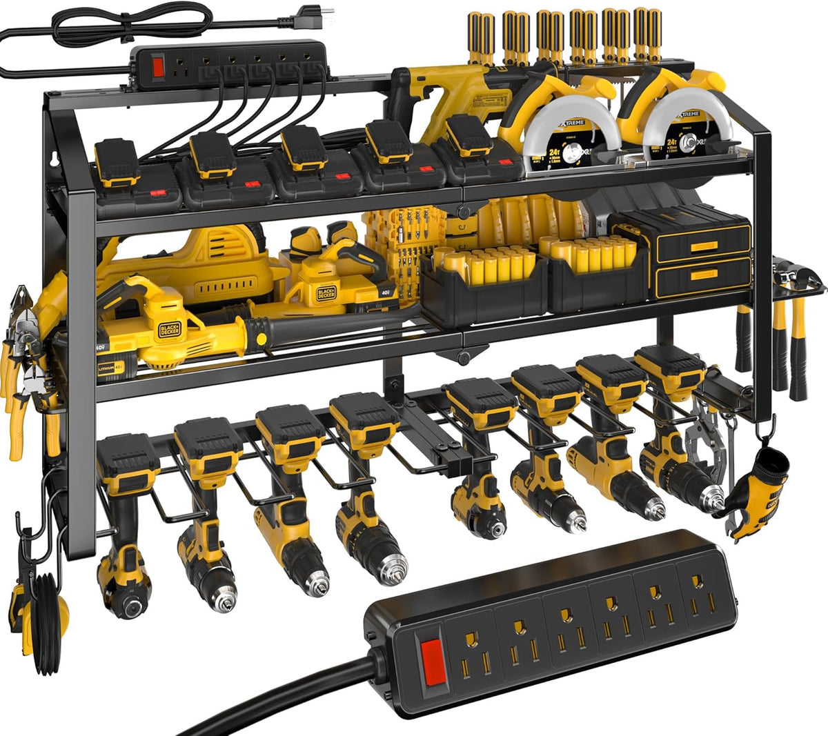 Power Tool Organizer Wall Mount with Charging Station, 3 Layers Storage Rack with 8 Cordless Drill Hangers, Tool Battery Holder Built in 6 Outlet Power Strip, Utility Racks for Garage Workshop