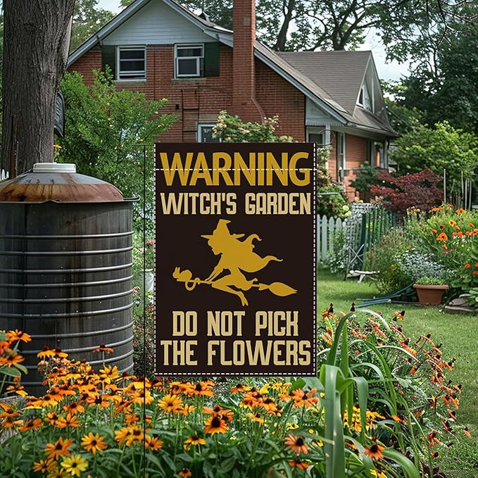 Witch's Funny Garden Flag Do Not Pick the Flowers Sign Plant Lover Gift Small Double Sided Burlap art Stained Glass Style Garden Flags 12 x 18 Inch for Outside