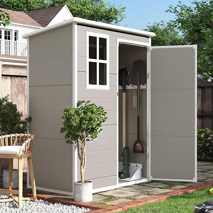 UDPATIO Outdoor Storage Shed 5x3 FT, Garden Plastic Sheds & Outdoor Resin Shed with Lockable Door for Backyard, Patio, Lawn, Light Grey