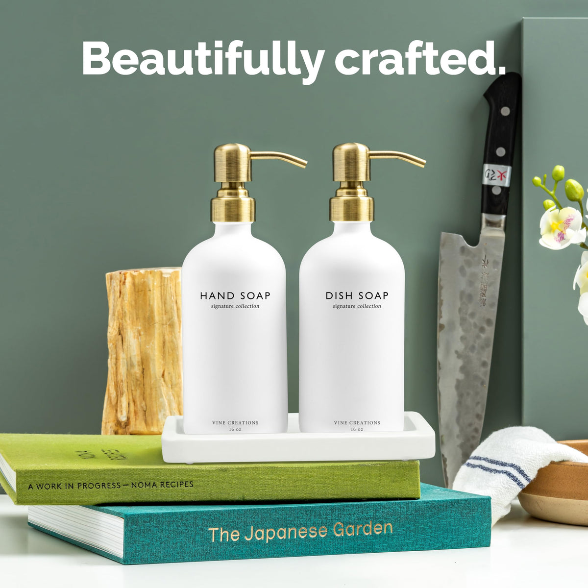Vine Creations Glass Soap Dispenser Set, Kitchen Soap Dispenser Set with Ceramic Tray, 16 oz Dish Soap and Hand Soap Dispenser Set with Stainless Steel Pump Decor (White Bottle/Brushed Brass)