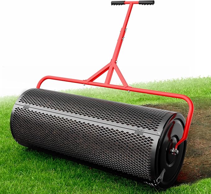 Compost Peat Moss Spreader for Lawn, 36 Inch Compost Roller Spreader with Adjustable T-Shaped Handle, Upgraded Side Clasps, Durable Lightweight Metal Roller, Lawn Garden Yard Care