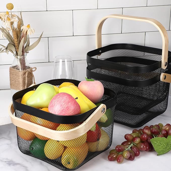 2 Pack Garden Harvest Baskets, Picnic Baskets with Durable Metal Mesh and Bamboo Handle, Perfect for Shopping, Gardening, Picnics, and Organizing
