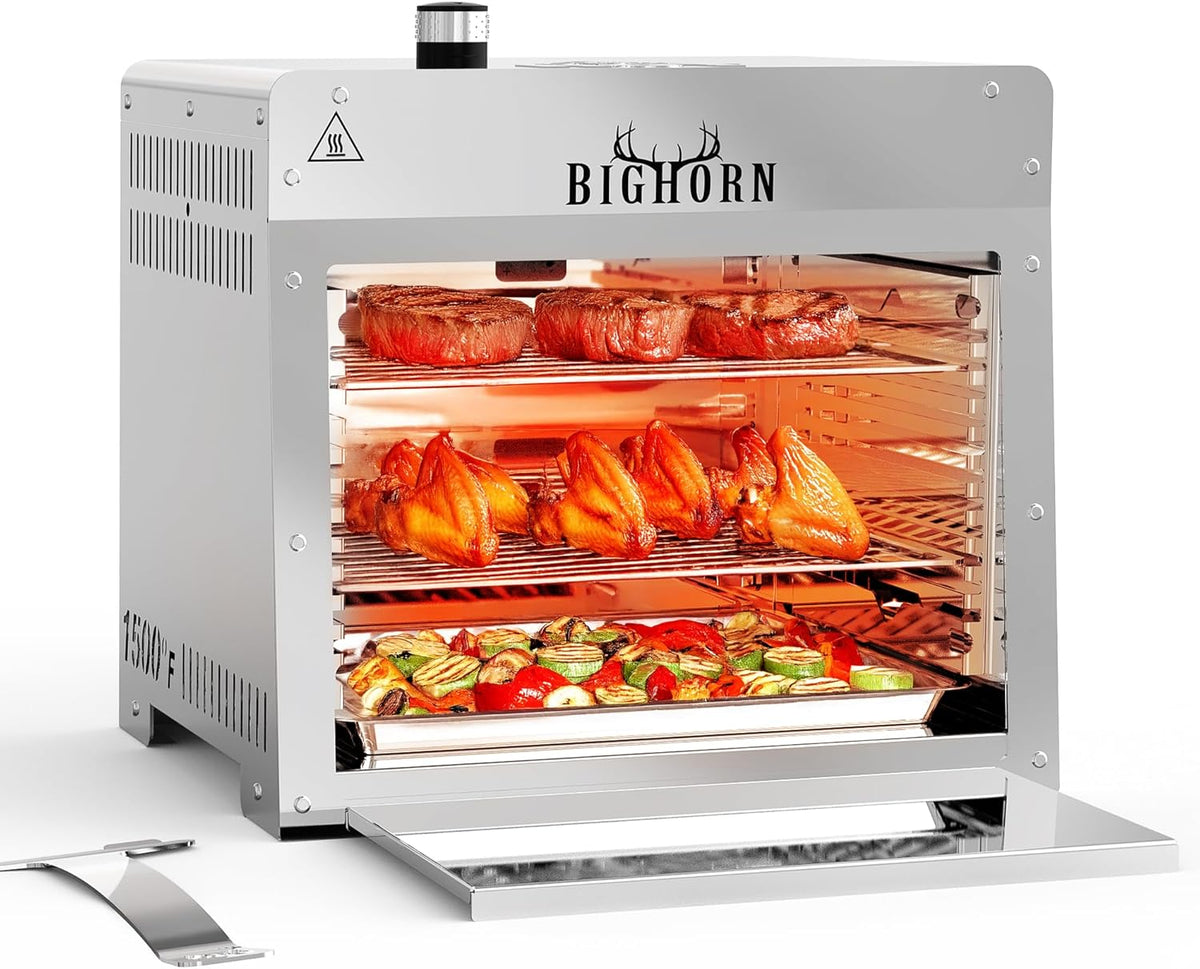 BIG HORN OUTDOORS 1500°F Small Infrared Propane Gas Grill – Portable Steak Broiler & Sear Station, Outdoor Salamander BBQ with Pizza Stone, Stainless Steel