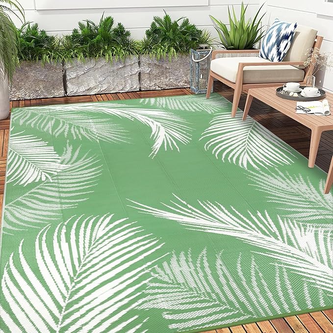 Pauwer Waterproof Outdoor Rug 6x9, Reversible Plastic Straw Patio Camping Rug, Indoor Outdoor RV Mat Carpet for Deck, Camper, Porch, Balcony, Backyard, Picnic, Leaf Green