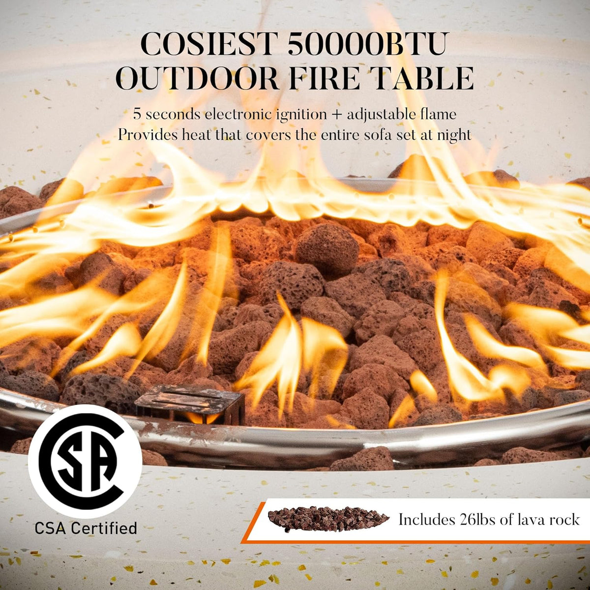 COSIEST 42" Outdoor Propane Fire Pit Table Round Gas Fire Pit Table with Concrete & Wood Grain Design, 50000BTU CSA Certified Electronic Ignition Fire Tables for Patio, Backyard, Garden Heating
