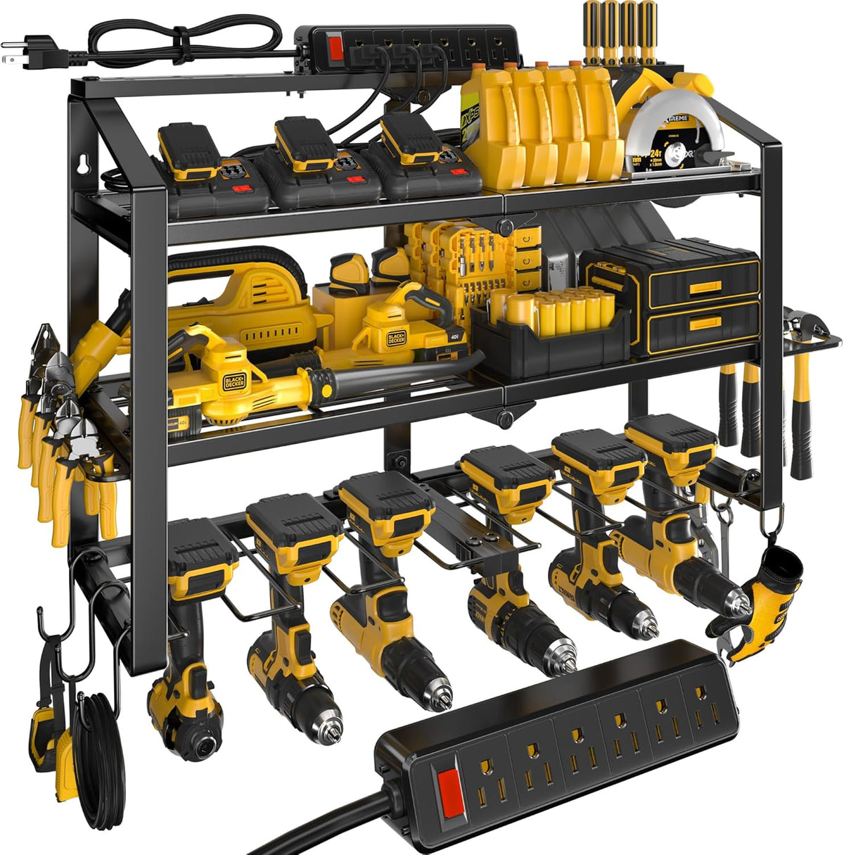 Heavy Duty Power Tool Organizer Wall Mount, 3 Layers Storage Rack with 6 Cordless Drill Holders, Garage Tool Organizer Storage for Workshop Shed, Charging Station Shelf, Father/Men Gifts
