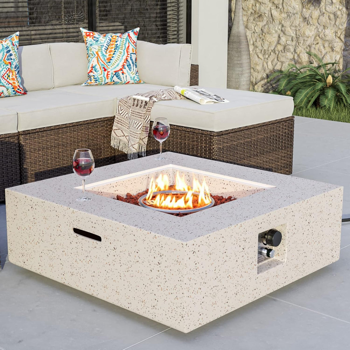 COSIEST Outdoor Propane Fire Pit Coffee Table w Square Faux Stone 35-inch Base, 50,000 BTU Stainless Steel Burner, Free Lava Rocks and Rain Cover