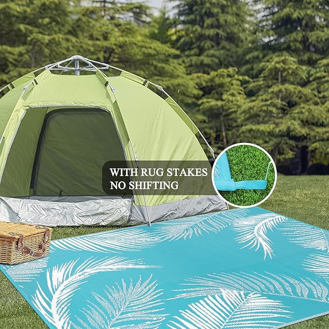 Pauwer Waterproof Outdoor Rug 8x10, Reversible Plastic Straw Patio Camping Rug, Indoor Outdoor RV Mat Carpet for Deck, Camper, Porch, Balcony, Backyard, Picnic, Leaf Teal