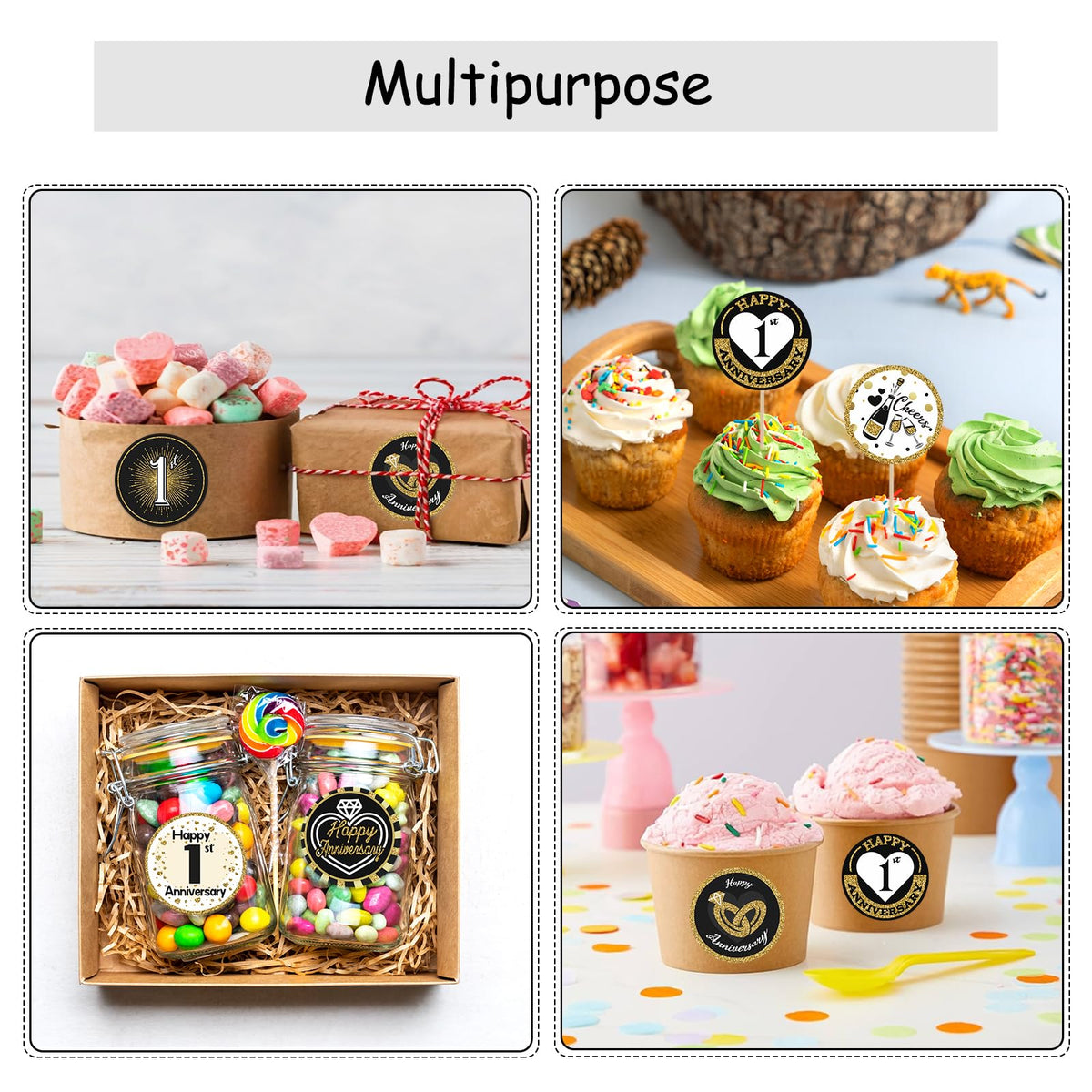 Black and Gold 1st Anniversary Kisses Stickers, 180 Count 0.75" Round Candy Labels, Chocolate Favor Stickers for 1st Wedding Anniversary Party