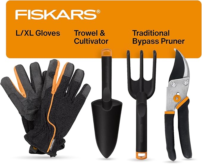 Fiskars House Plant Starter Tool Gift Set with Bypass Pruner, Trowel, Cultivator, and L/XL Garden Gloves, Accessories for Indoor Gardening (4 Piece Kit)