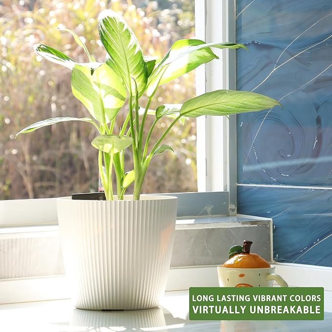 Dexceder 11x10 Self Watering Planters Indoor, Inner Mat Design, Table Flower Plant Pot with Water Level Indicator (2 Pack, White)