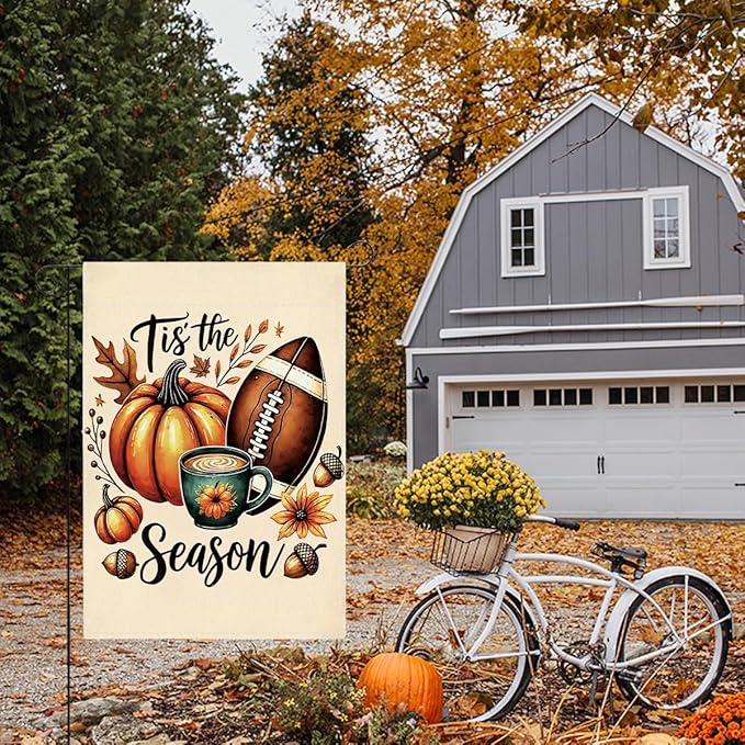 Tis the Season Fall Garden Flag Autumn Football Pumpkin Garden Flag 12x18 inch Double Sided Fall Thanksgiving Flags for Yard Home Porch Lawn (Flay 1804)