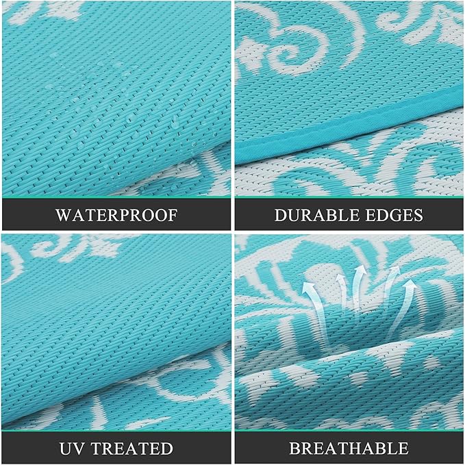 Pauwer Waterproof Outdoor Rug 6x9, Reversible Plastic Straw Patio Camping Rug, Indoor Outdoor RV Mat Carpet for Deck, Camper, Porch, Balcony, Backyard, Picnic, Floral Teal