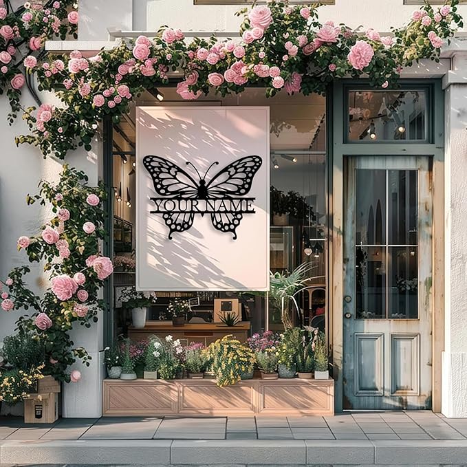 Custom Butterfly Metal Sign,Personalized Butterfly House Number Signs,Personalized Gardener Name Sign,Garden Patio Wall Decor (Style-1)