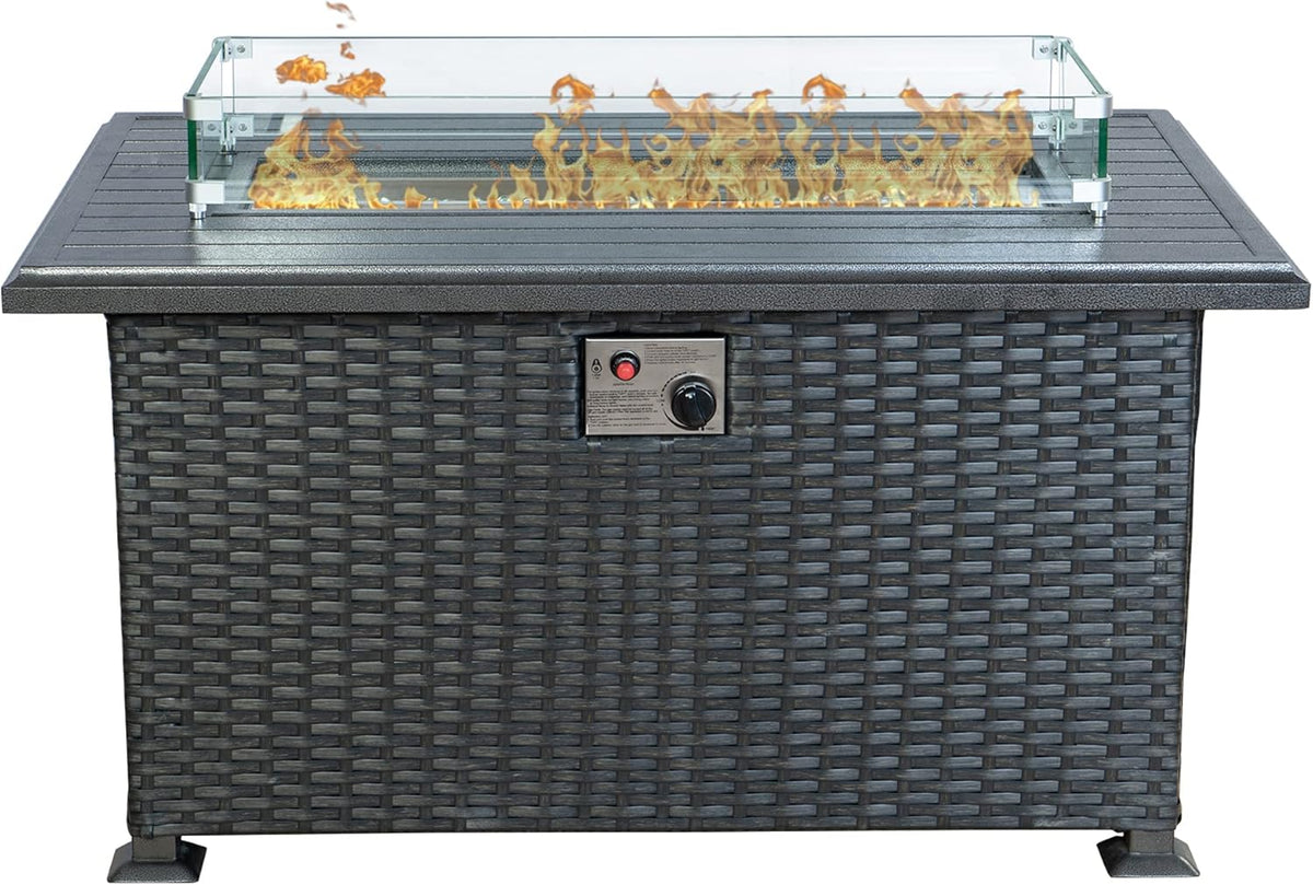 Kozyard Outdoor Patio Propane Gas Fire Pit Table - 50,000 BTU Wicker Design with Aluminum Tabletop, Glass Wind Guard, Clear Glass Rocks, and Slide Out Tank Holder - Ideal Patio Fire Table (Gray)