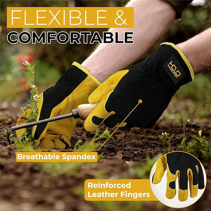 HANDLANDY Leather Work Gloves for Men & Women, Reinforced Durable Garden Gloves, Cowhide Working Glove for Gardening