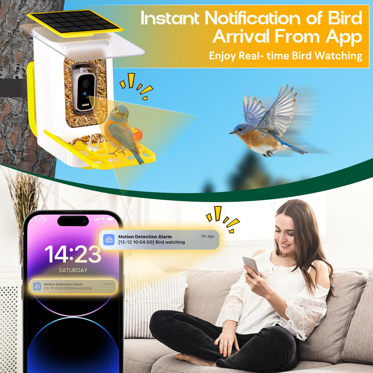 Bird Feeder with Camera, GTSABWAY Smart AI Identify Birds Camera with Solar Powered, Wireless Auto Record 5M HD Birds Video in Backyard, Instant Notifications - Yellow