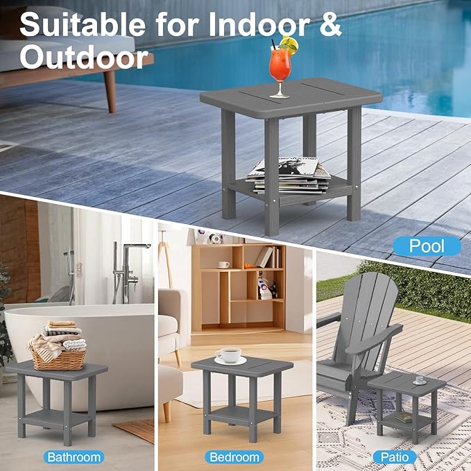 Outdoor Side Table - 2-Tier Storage All Weather Outdoor End Table for Patio - HDPE Morden Easy Maintenance Adirondack Side Table for Pool Porch Balcony Garden Lawn Backyard Outside Indoor