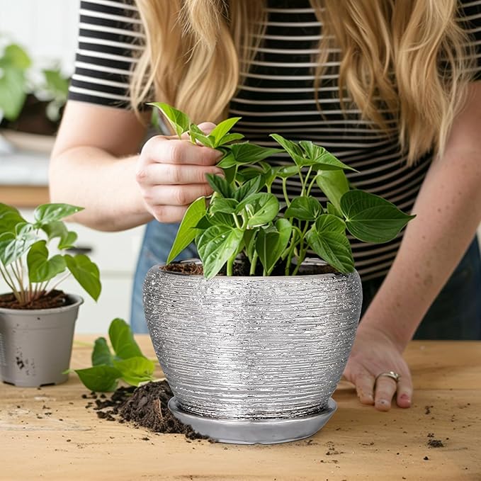 Ceramic Planter - 6 Inch Plant Pot Indoor with Drainage Hole and Saucer Outdoor Pot for Plants Round Decorative Planter Modern Mid-Century Flower Pot for Office Decor Silver