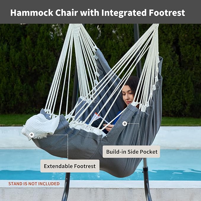 Hanging Hammock Chair Swing MAX 500 lbs Outdoor Hanging Chair with Footrest Indoor Swing Chair with Portable Steel Spreader Bar and Hardware Kit for Bedroom Living Room Patio Porch - Dark Grey