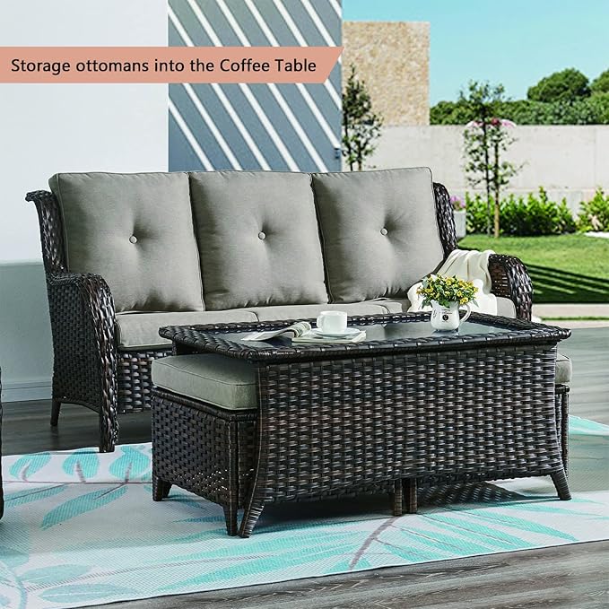 Patio Tables Wicker Coffee Table - Outdoor Rattan Coffee Tables with Glass Top for Patio Proch Deck Balcony Rectangle Brown