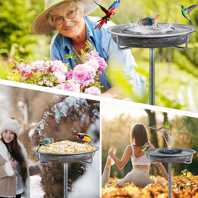 Metal Bird Bath for Outdoors Garden Birdbath Bowl, 36.2" Height Freestanding Bird Feeders for Outside with 4 Prongs Base Stake, Standing Birdfeeders for Yard Lawn Decor (Retro Silver)