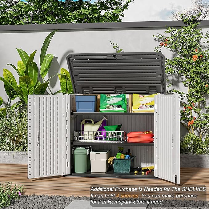 HOMSPARK Storage Shed Weather Resistance, Multi-Purpose Outdoor Storage Cabinet for Backyards and Patios, Horizontal Storage Shed for Lawnmower, Patio Accessories (Off-White, Large - 48 cu.ft)