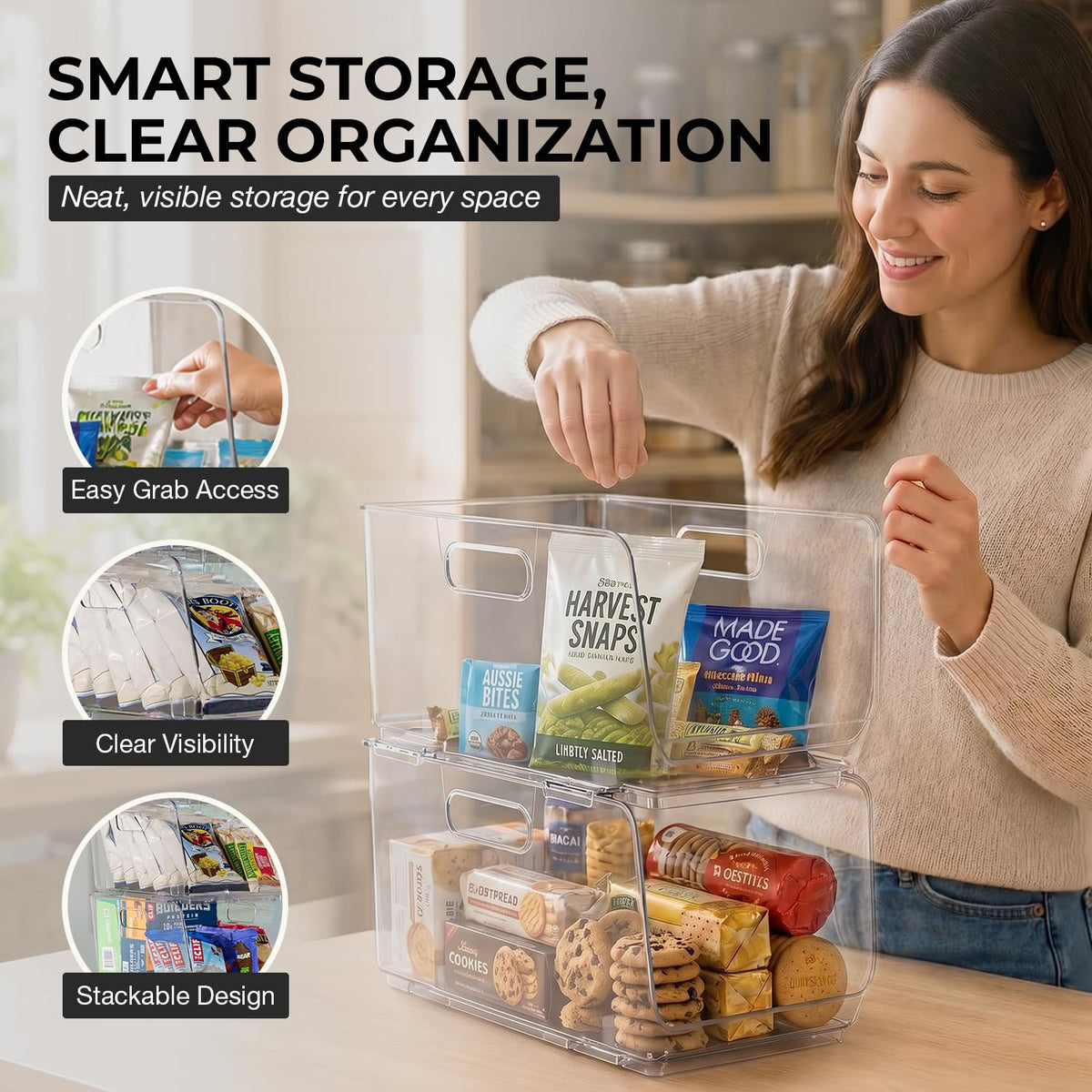 ClearSpace Stackable Storage Bins, Front Pantry Organizer, Medium, 4 Pack