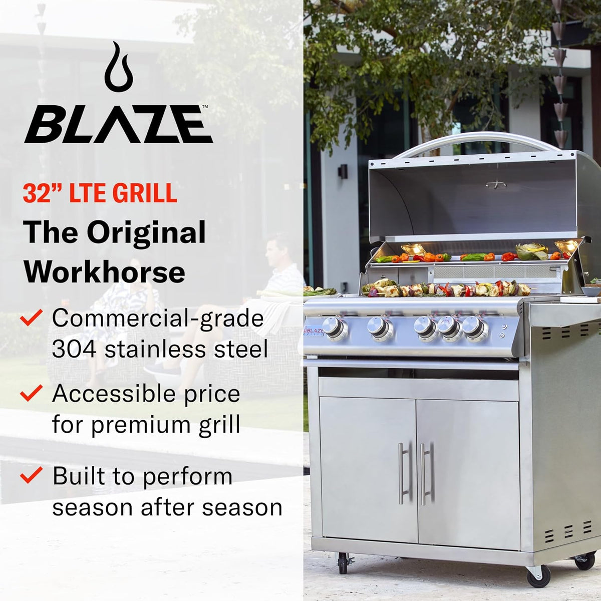 Blaze Premium LTE Built-in Propane Gas Grill | 40-Inch 5-Burner BBQ with Rear Infrared Burner & Grill Lights | 304 Stainless Steel Construction BLZ-5LTE2-LP