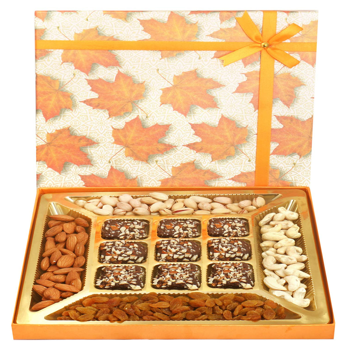 Ghasitaram Gifts Christmas Gifts Chocolates Hampers - Orange Print Dryfruits and 9 pcs English Brittle Chocolate Box