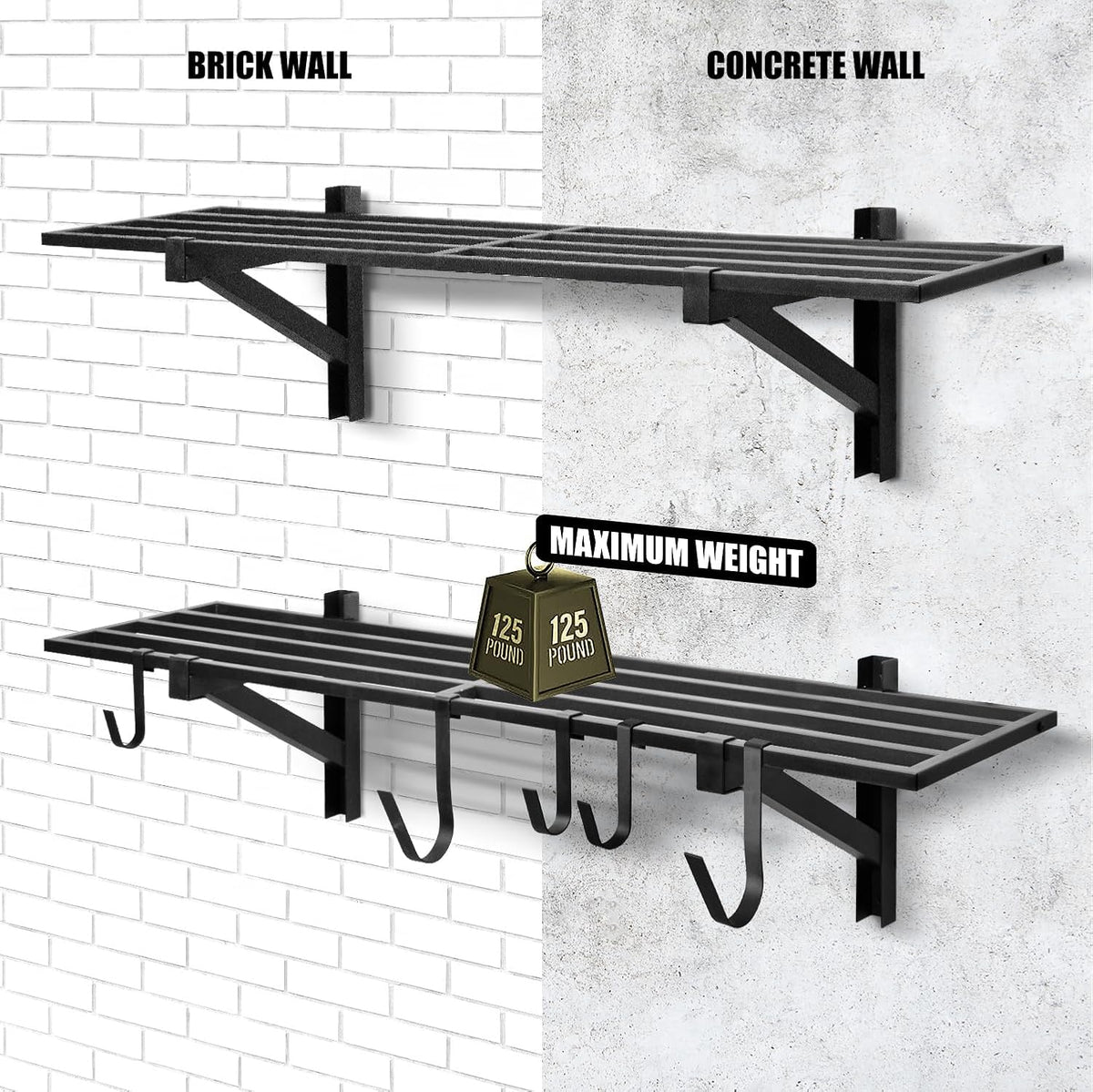 2 Pack Heavy Duty Garage Wall Shelving, 1' x 4' Wall Mount Storage, Holds 200 lbs Each, Garage Shelving Wall Mounted, Storage Rack with Hooks (Black)